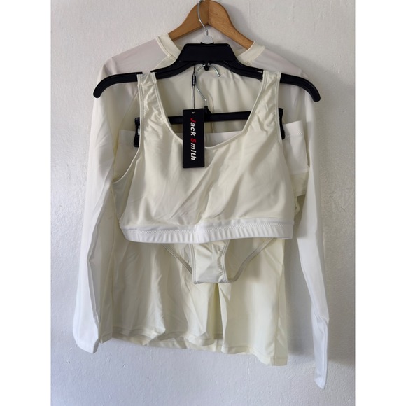 Jack Smith 3 Piece Swimsuit Rash Guard Bikini Top Bottoms L White and Off White - Picture 1 of 12